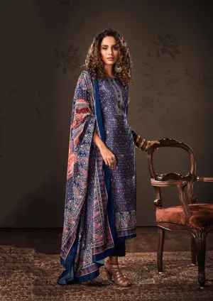 Belliza Blue Unstitched Winter Velvet Suit Dress Material for Ladies