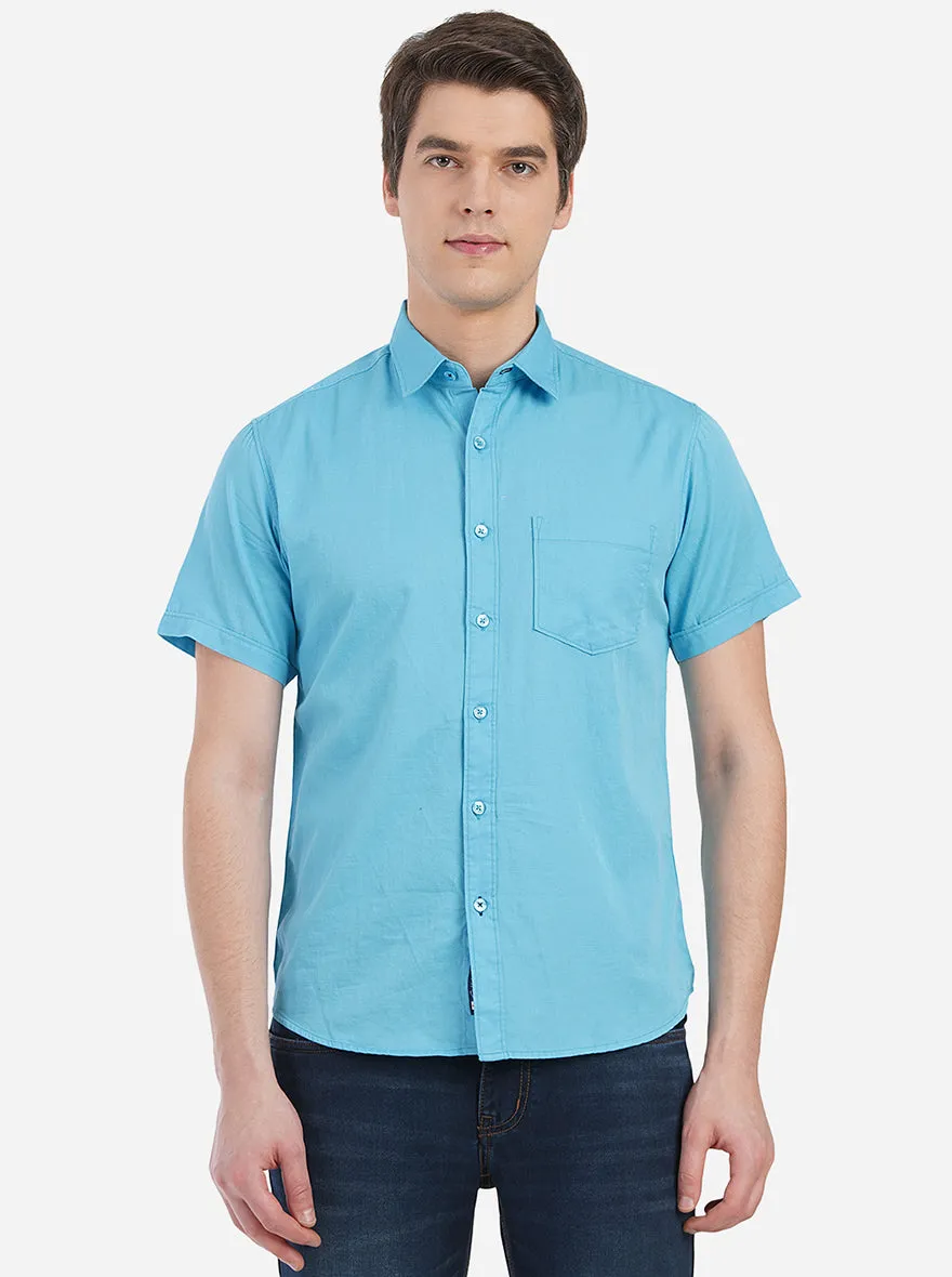 Blue Solid Slim Fit Semi Casual Shirt | Greenfibre