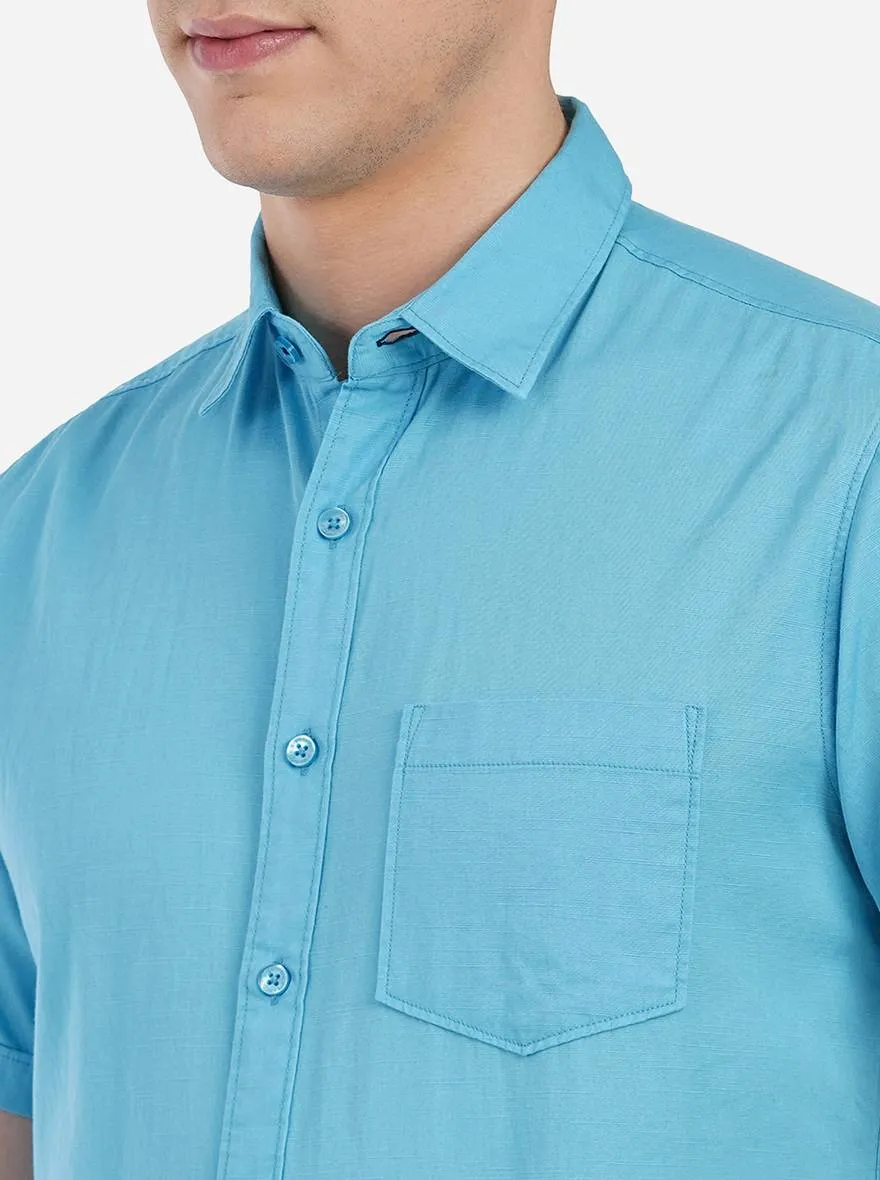 Blue Solid Slim Fit Semi Casual Shirt | Greenfibre