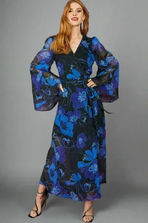 Flared Sleeve Maxi Wrap Dress in Blue Silver Floral | Luna