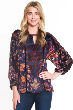 MIXED PRINT BURNOUT RUFFLE TRIM TOP - Multi