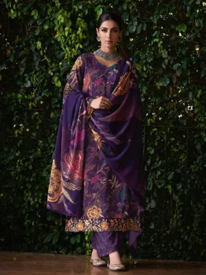 Purple Unstitched Cord Velvet Winter Suit Dress Material for Women