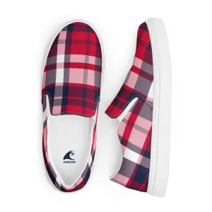 Red, White and Navy Blue Preppy Surfer Plaid Men’s Slip On Canvas Shoes